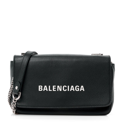 Balenciaga Pebbled Calfskin Logo Everyday Flap Chain Wallet Black 1 of 14