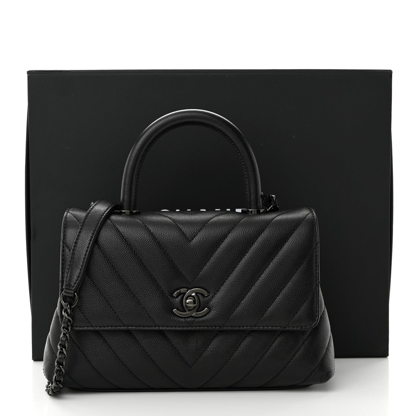 Caviar Chevron Quilted Mini Coco Handle Flap So Black