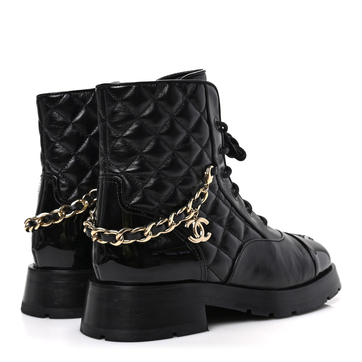 Chanel Shiny Calfskin Patent Quilted Chain Lace Up Combat Boots 37 Black 4 of 8