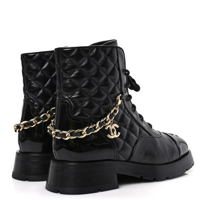 Chanel Shiny Calfskin Patent Quilted Chain Lace Up Combat Boots 37 Black 4 of 8