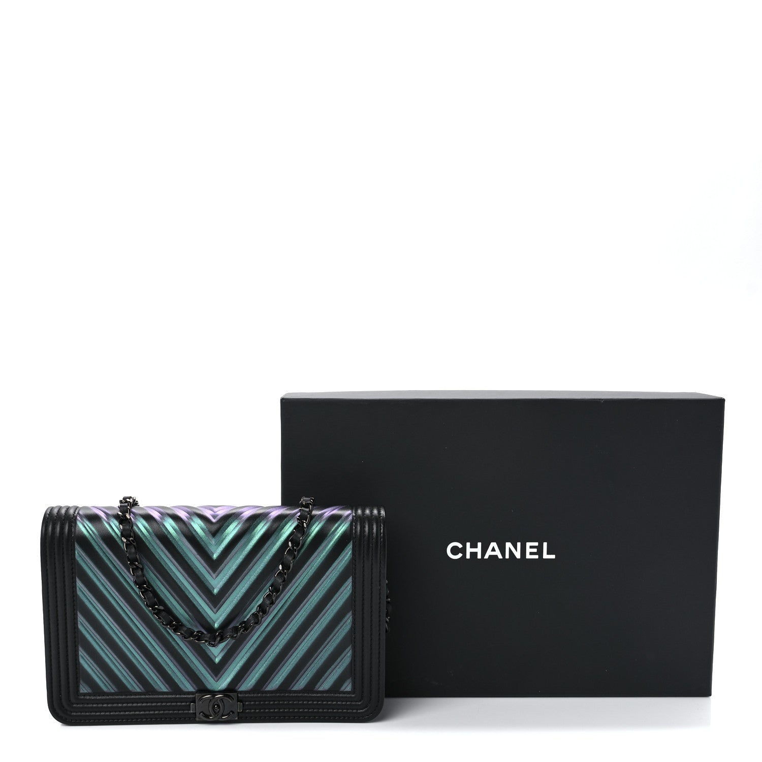 Chanel Calfskin Painted Chevron Embossed Boy Wallet On Chain WOC Black 12 of 12
