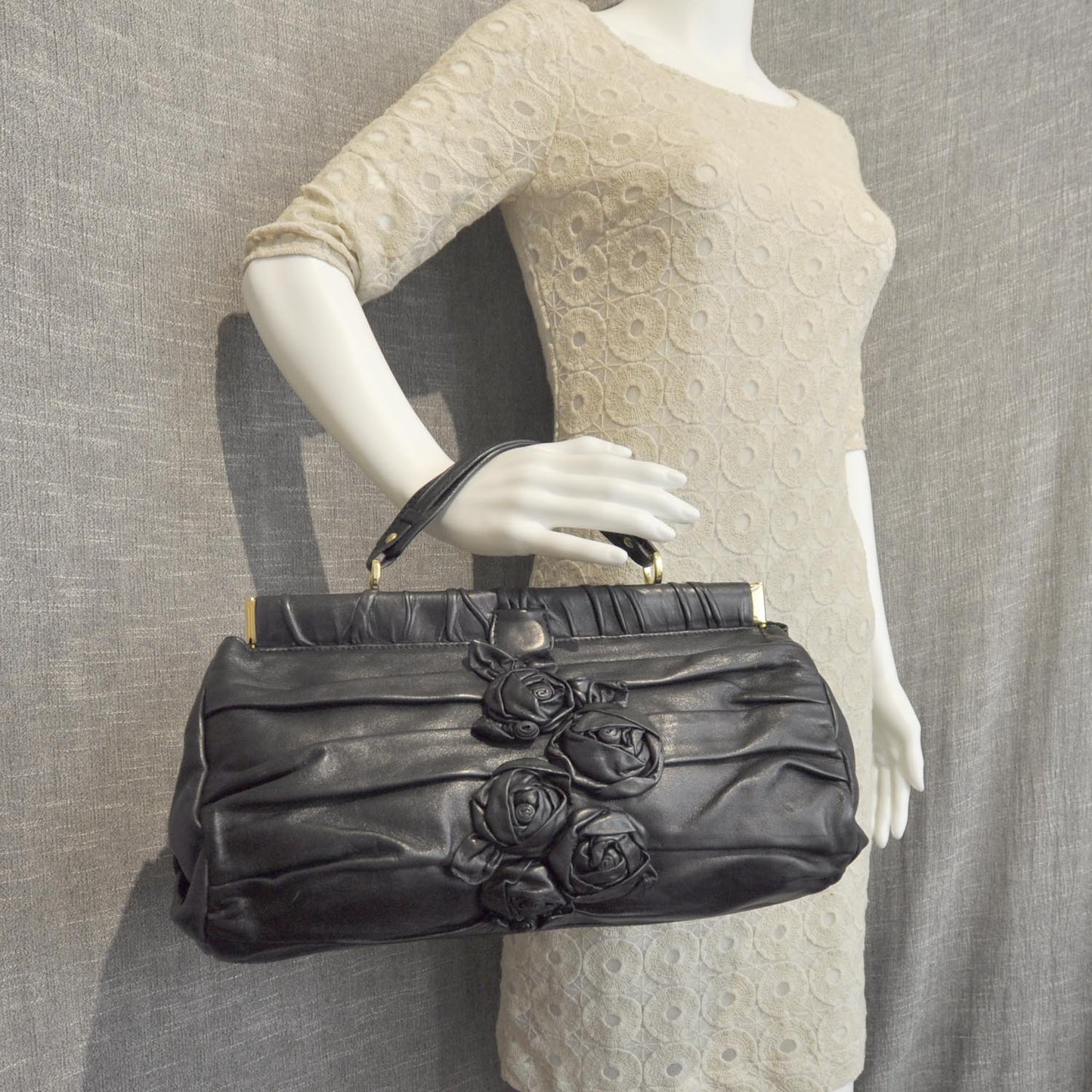 Nappa Leather Jardin Rose Framed Duffel Black