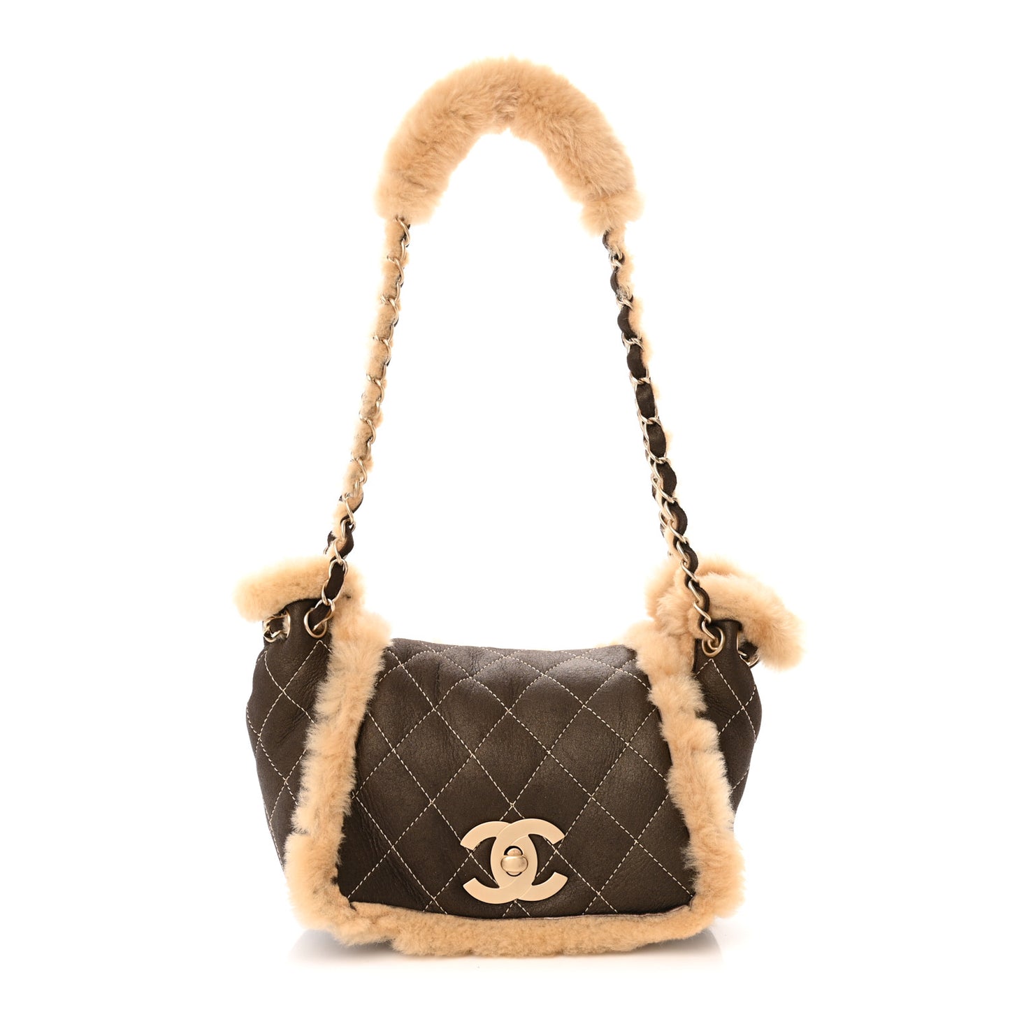 Shearling Suede Quilted Small Fur Flap Metallic Bronze