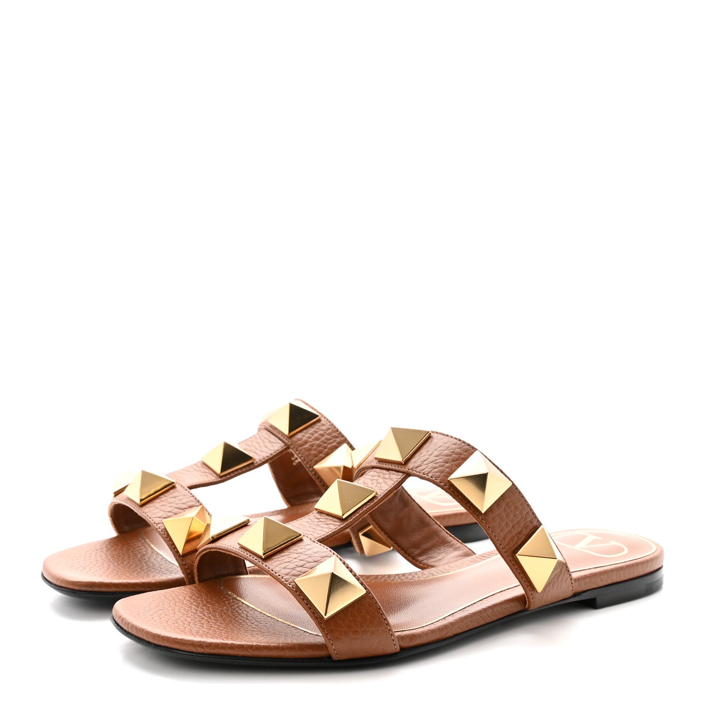 Calfskin Roman Stud Flat Slide Sandals 36 Saddle