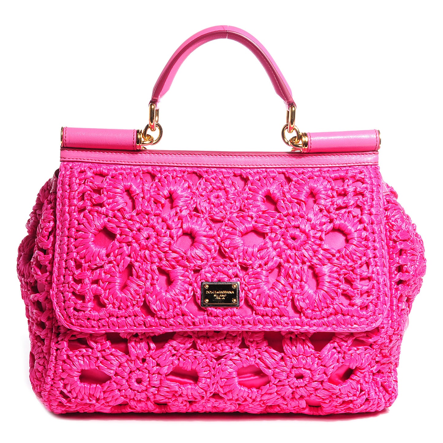 Straw Crocheted Miss Sicily Top Handle Bag Rosa