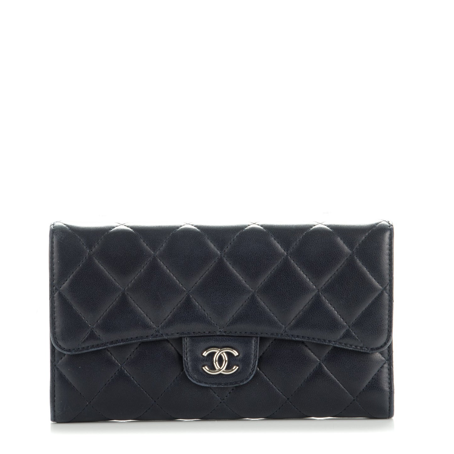 Lambskin Quilted Large Flap Wallet Navy