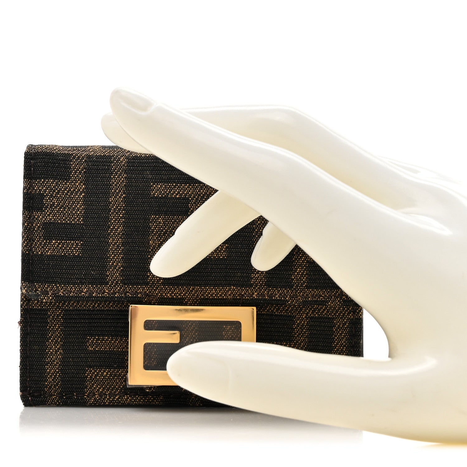 Fendi Fabric Jacquard FF 1974 Micro Trifold Baguette Wallet Tobacco Moro 2 of 10