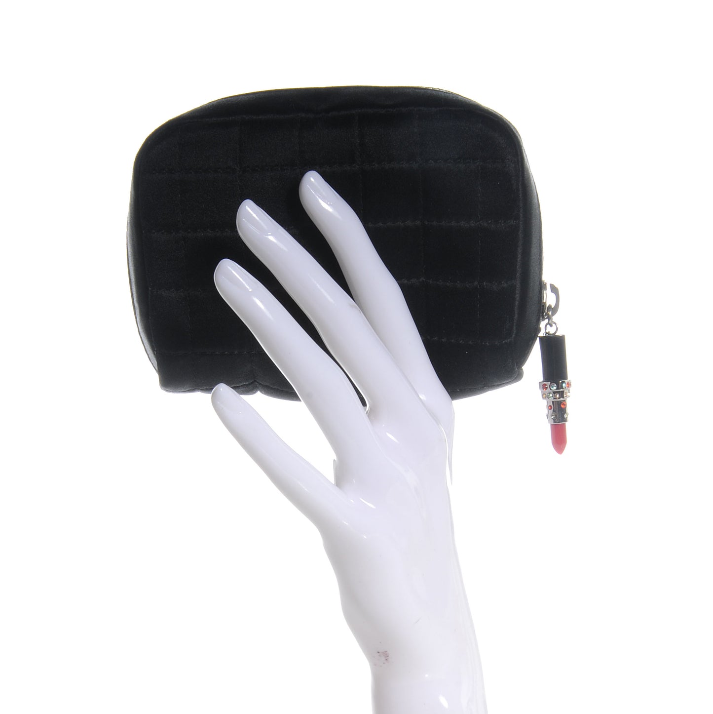 Satin Square Quilted Lipstick Charm Cosmetic Case Black
