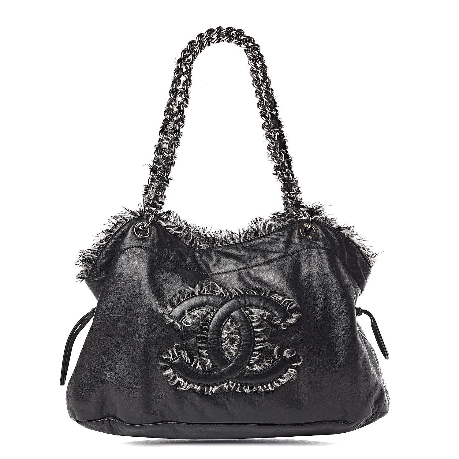 Chanel Tweed Lambskin Drawstring Tweedy Tote Black 1 of 9