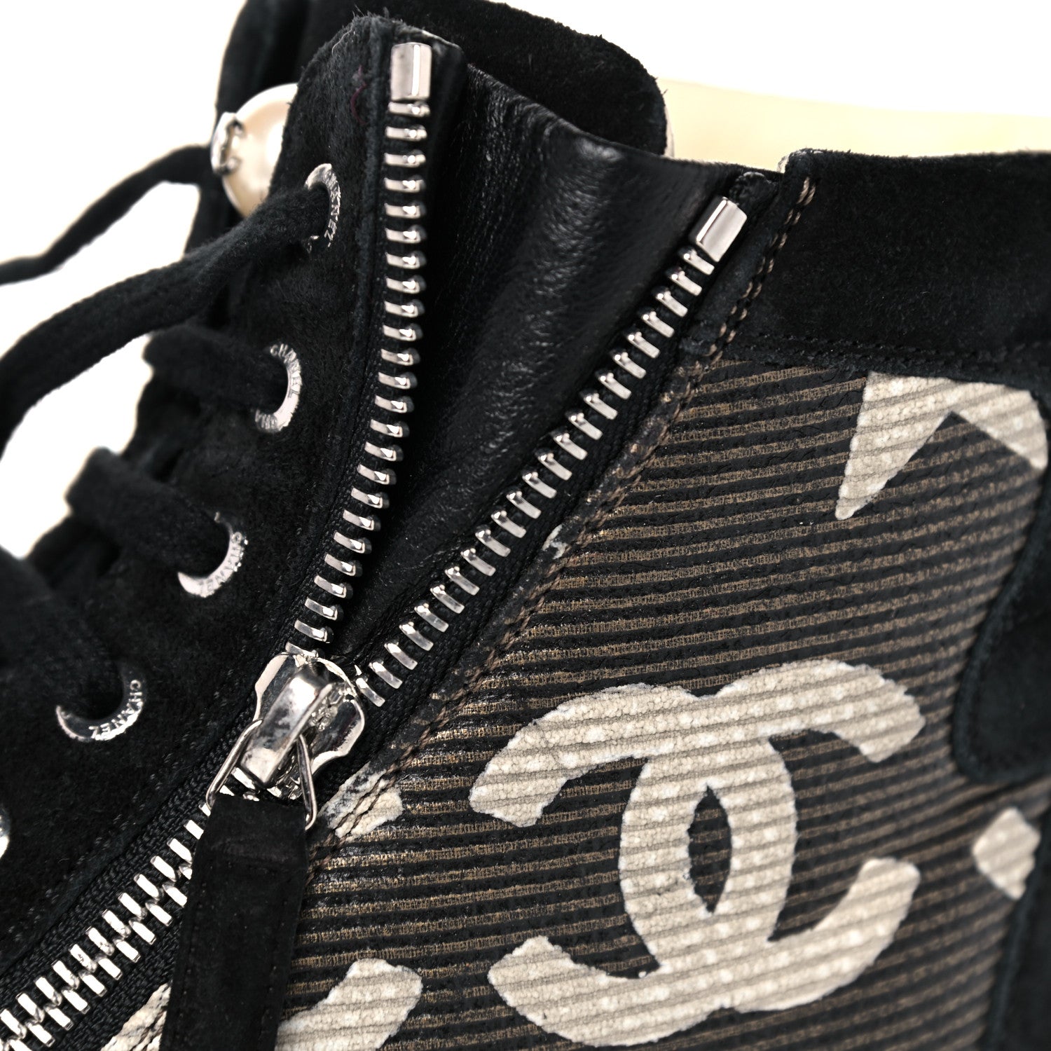 Chanel Canvas Suede CC Star Zipped High Top Sneakers 37.5 Black 16 of 16