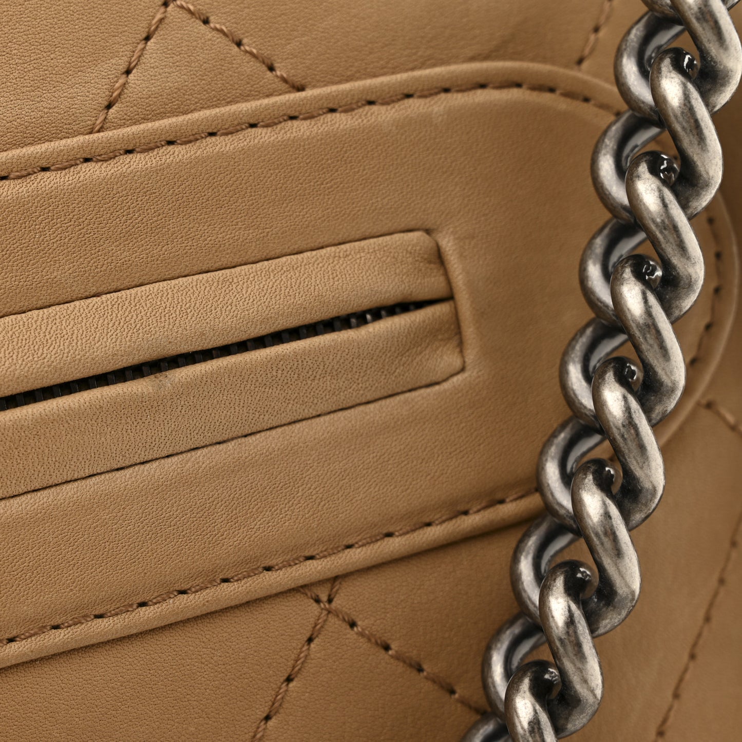 Calfskin Stitched Double Zip Hobo Beige