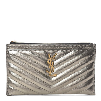 Saint Laurent Metallic Grain De Poudre Matelasse Chevron Monogram Bill Pouch Piombo 1 of 6