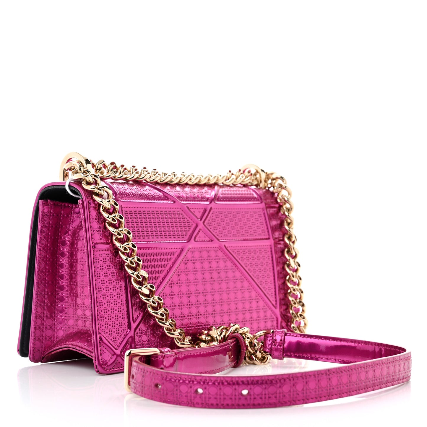 Metallic Patent Micro-Cannage Small Diorama Flap Bag Fuchsia
