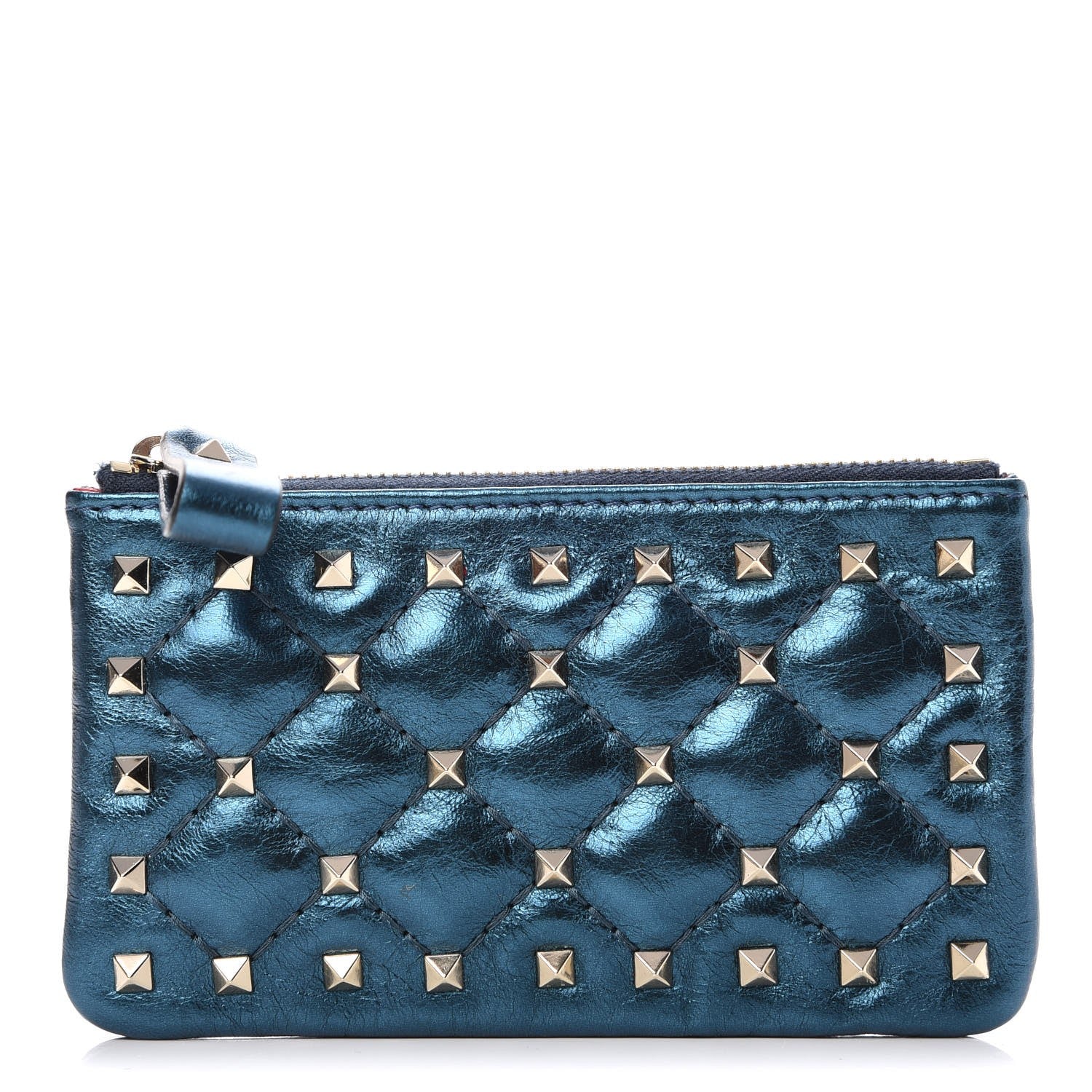 Valentino Garavani Metallic Wrinkled Lambskin Rockstud Spike Zip Coin Purse Peacock 1 of 6