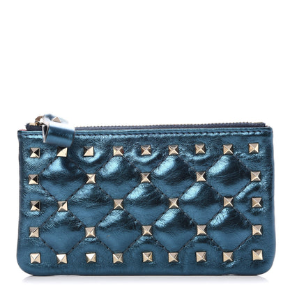 Valentino Garavani Metallic Wrinkled Lambskin Rockstud Spike Zip Coin Purse Peacock 1 of 6