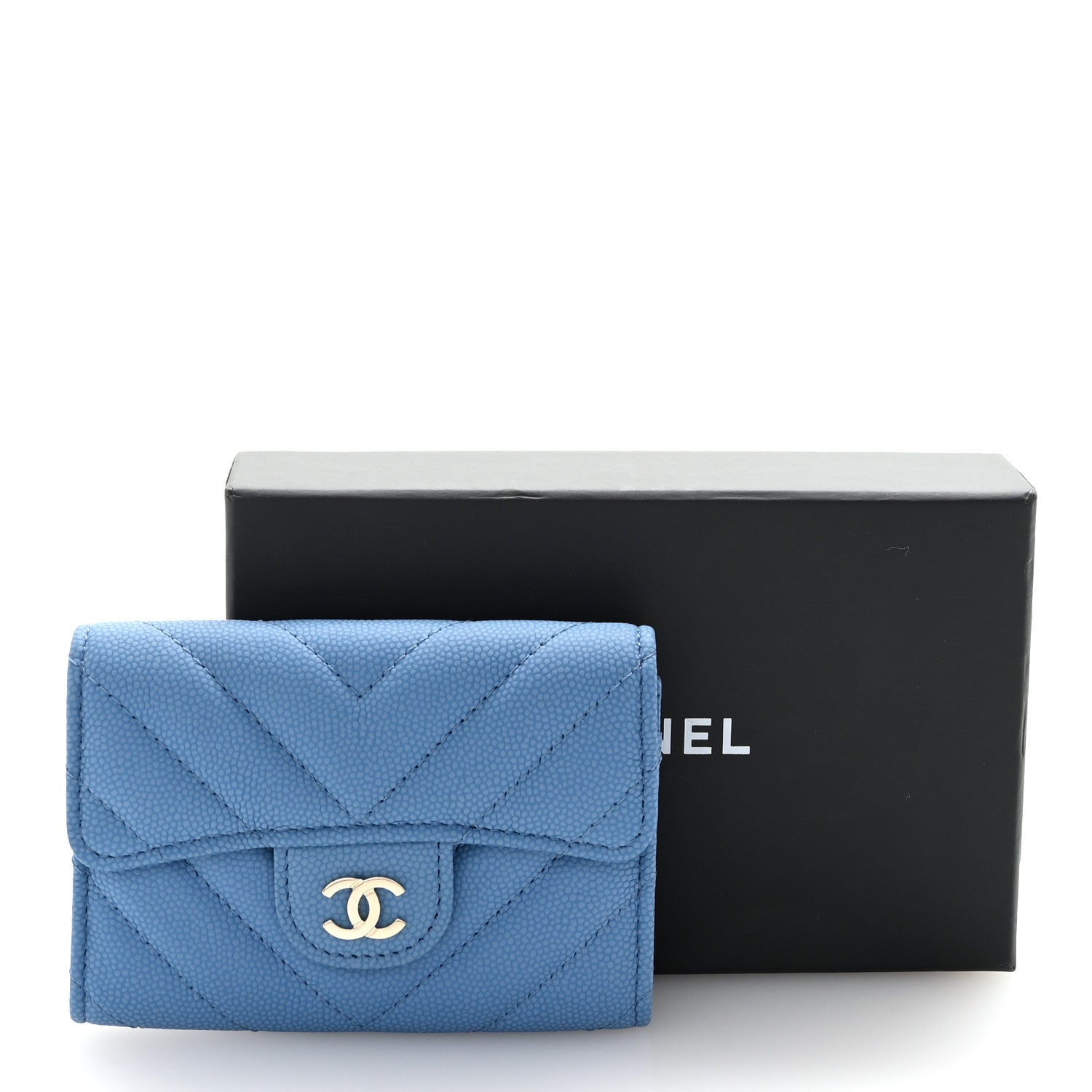 Chanel Caviar Flat Chevron Quilted Flap Card Holder Wallet Blue 9 of 9