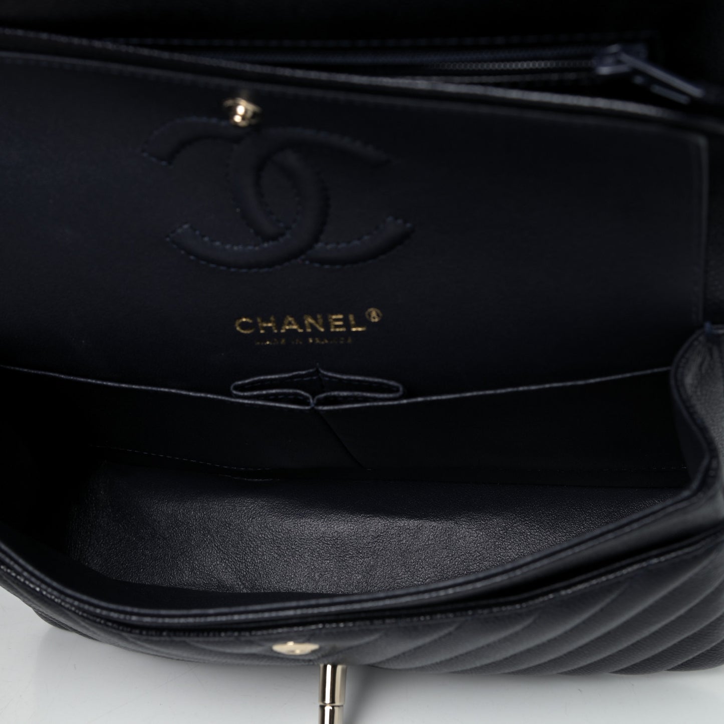 Caviar Chevron Quilted Small Double Flap Navy Blue