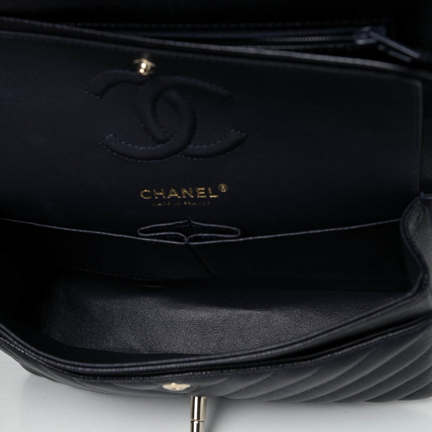 Chanel Caviar Chevron Quilted Small Double Flap Navy Blue 4 of 9