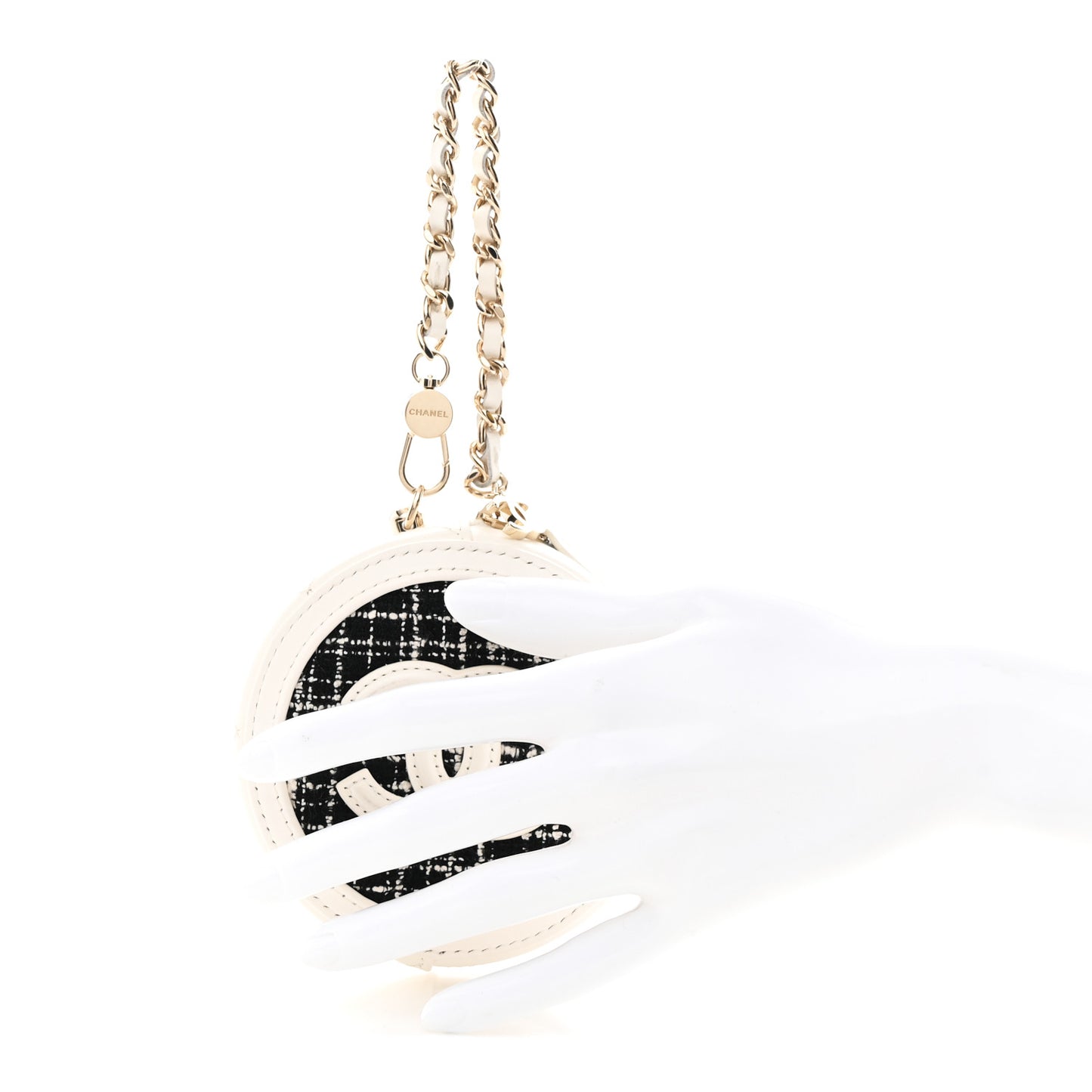 Tweed Quilted Round Filigree Pouch With Chain White Black