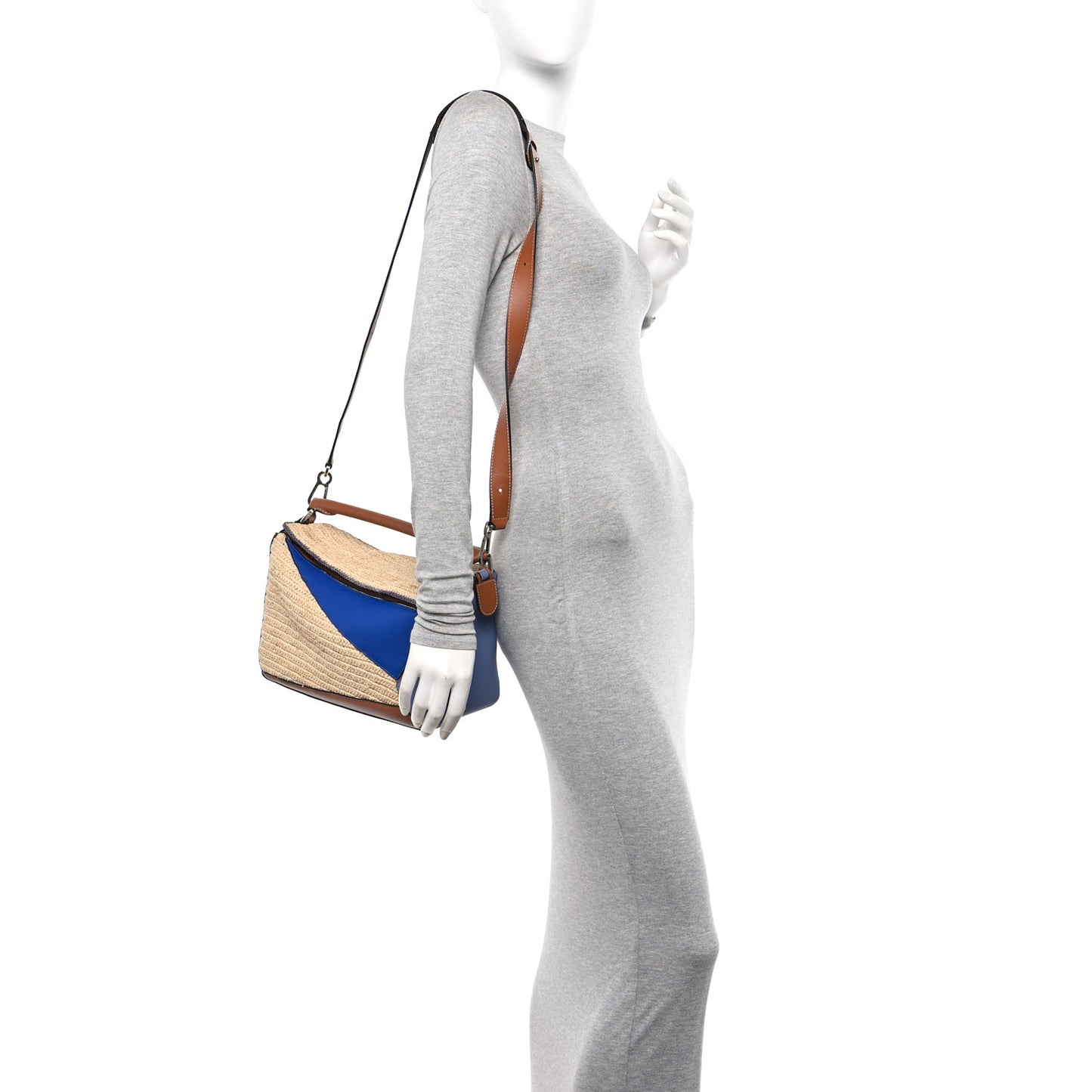 Calfskin Raffia Paula's Ibiza Medium Puzzle Bag Blue Tan