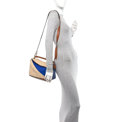 Loewe Calfskin Raffia Paula's Ibiza Medium Puzzle Bag Blue Tan 2 of 12