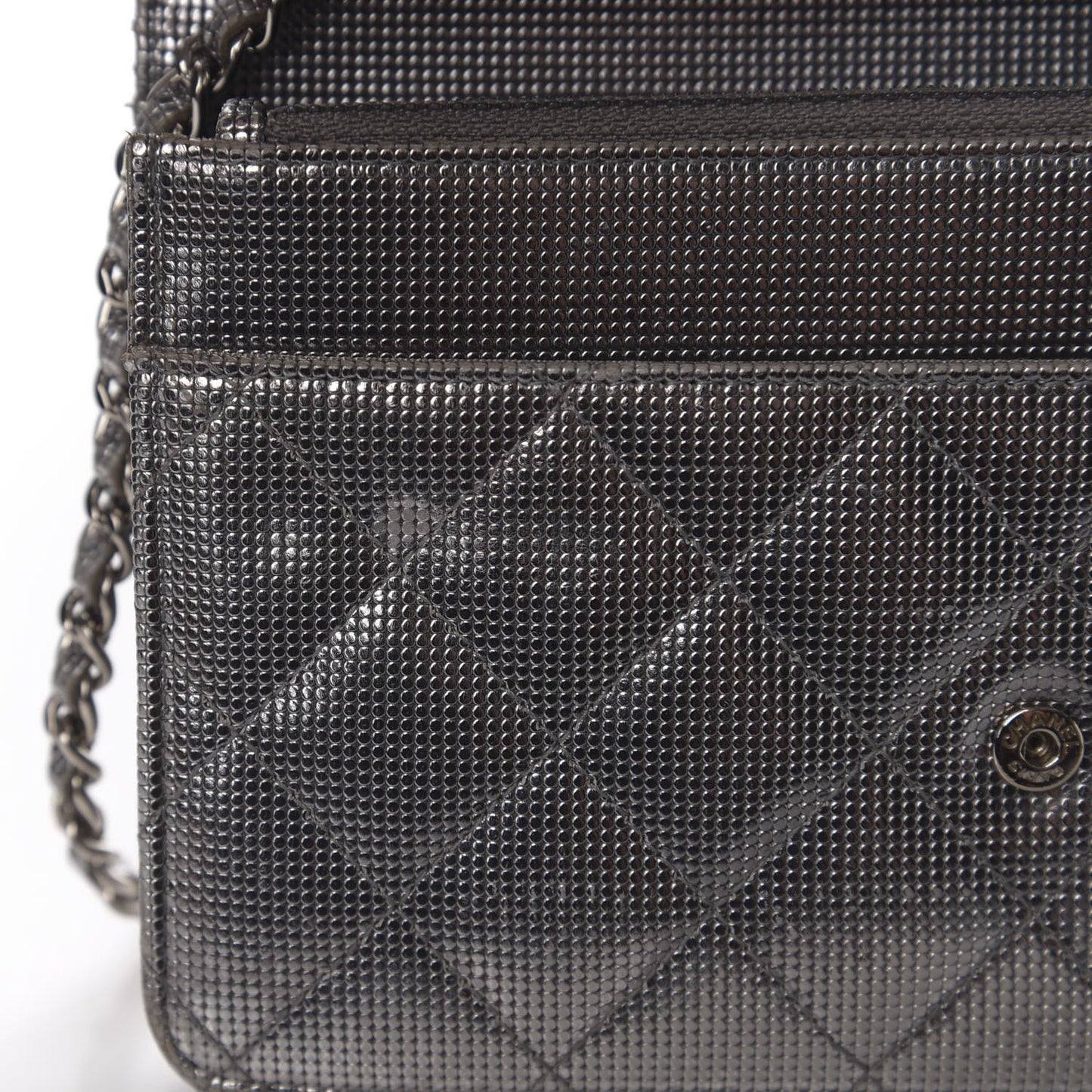 Metallic Calfskin Quilted Pixel Effect Wallet on Chain WOC Silver