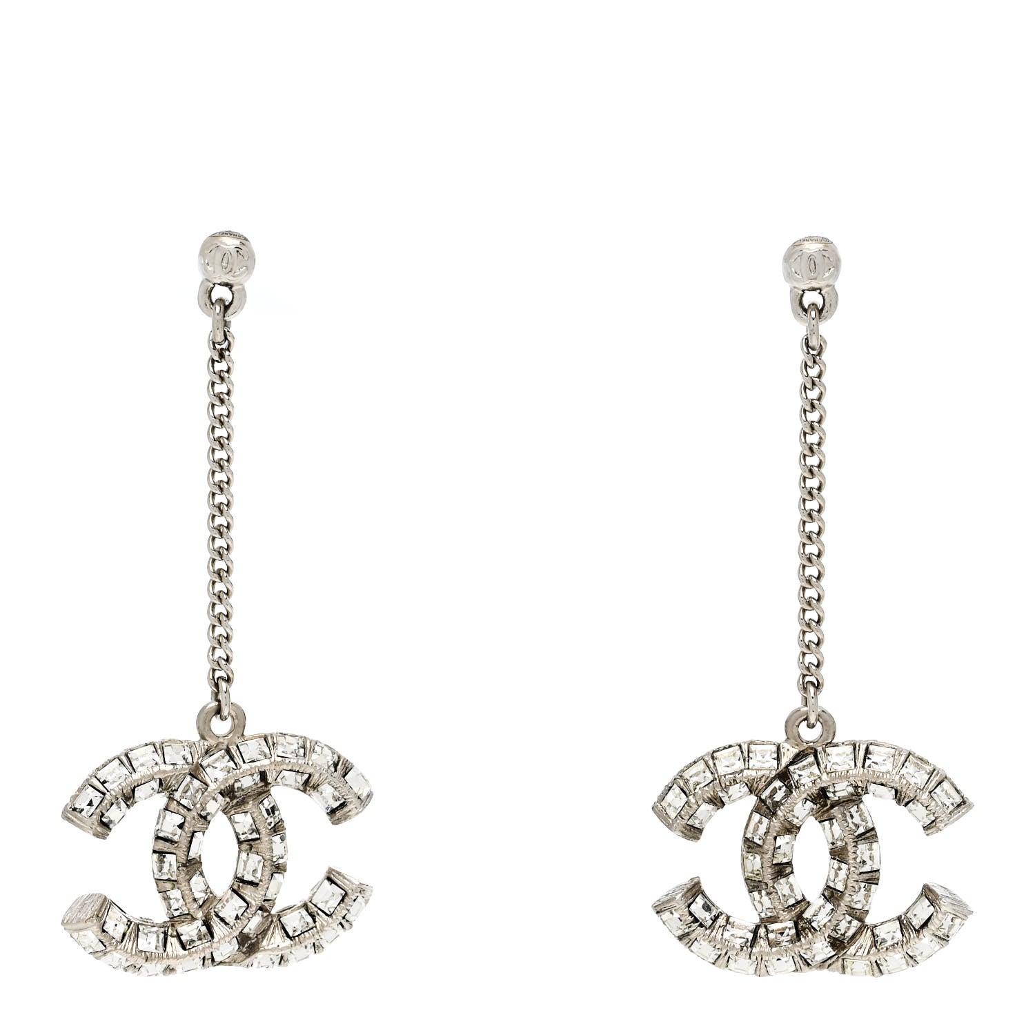 Chanel Baguette Crystal CC Drop Earrings Silver 1 of 5