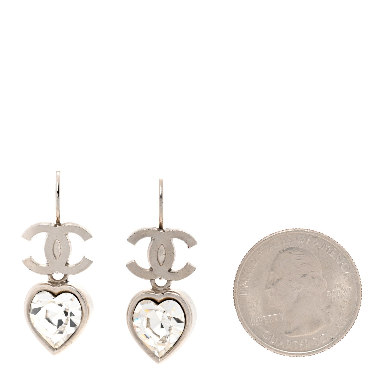 Chanel Crystal Heart CC Drop Earrings Silver 2 of 5