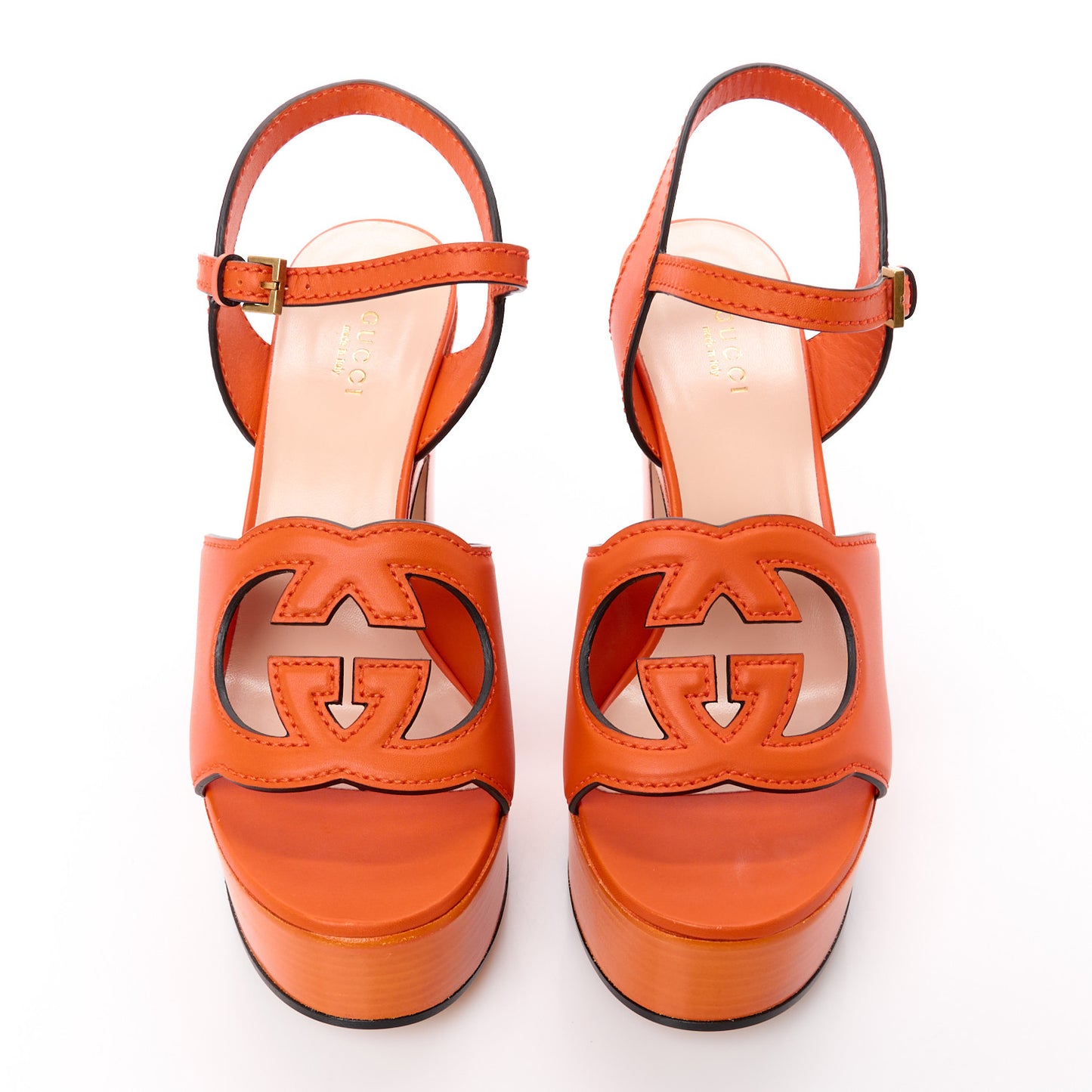 Cosmos Softy Calfskin Wooden Interlocking G Cut-Out 30/120mm Platform Sandals 38.5 Deep Orange
