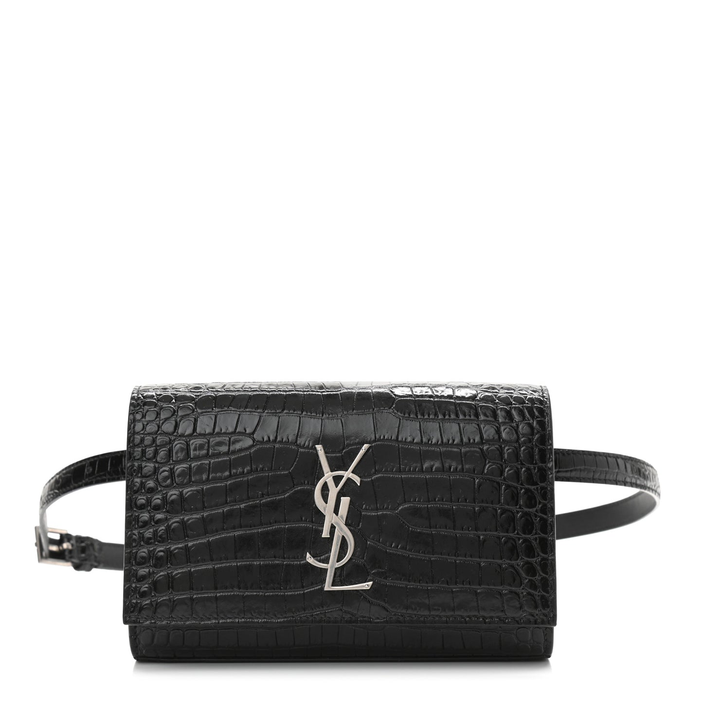 Calfskin Crocodile Embossed Monogram Kate Belt Bag Black