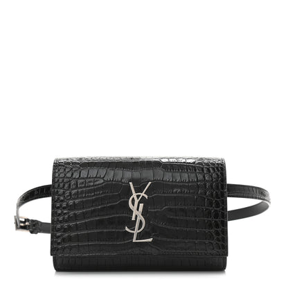 Saint Laurent Calfskin Crocodile Embossed Monogram Kate Belt Bag Black 1 of 9