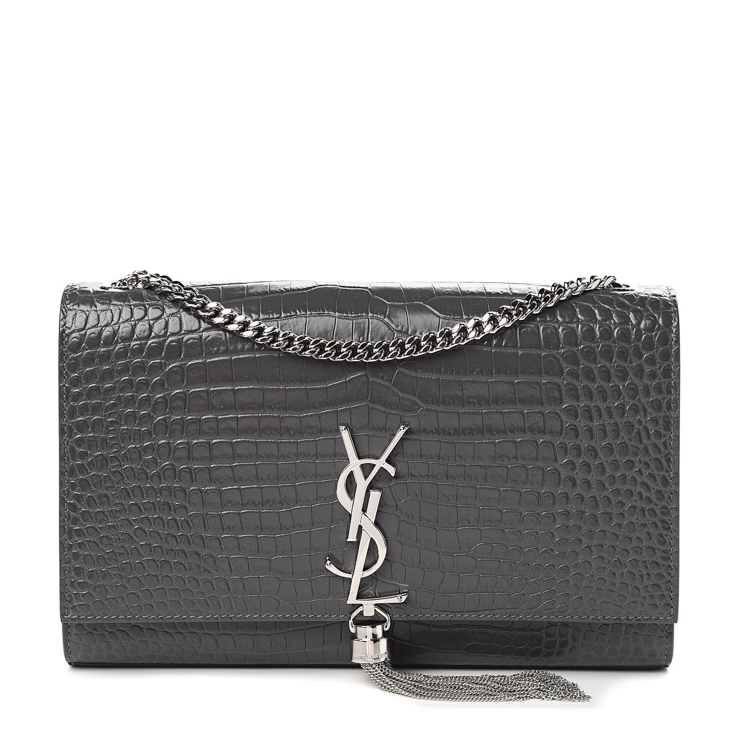 Calfskin Crocodile Embossed Medium Classic Monogram Kate Tassel Satchel Fog