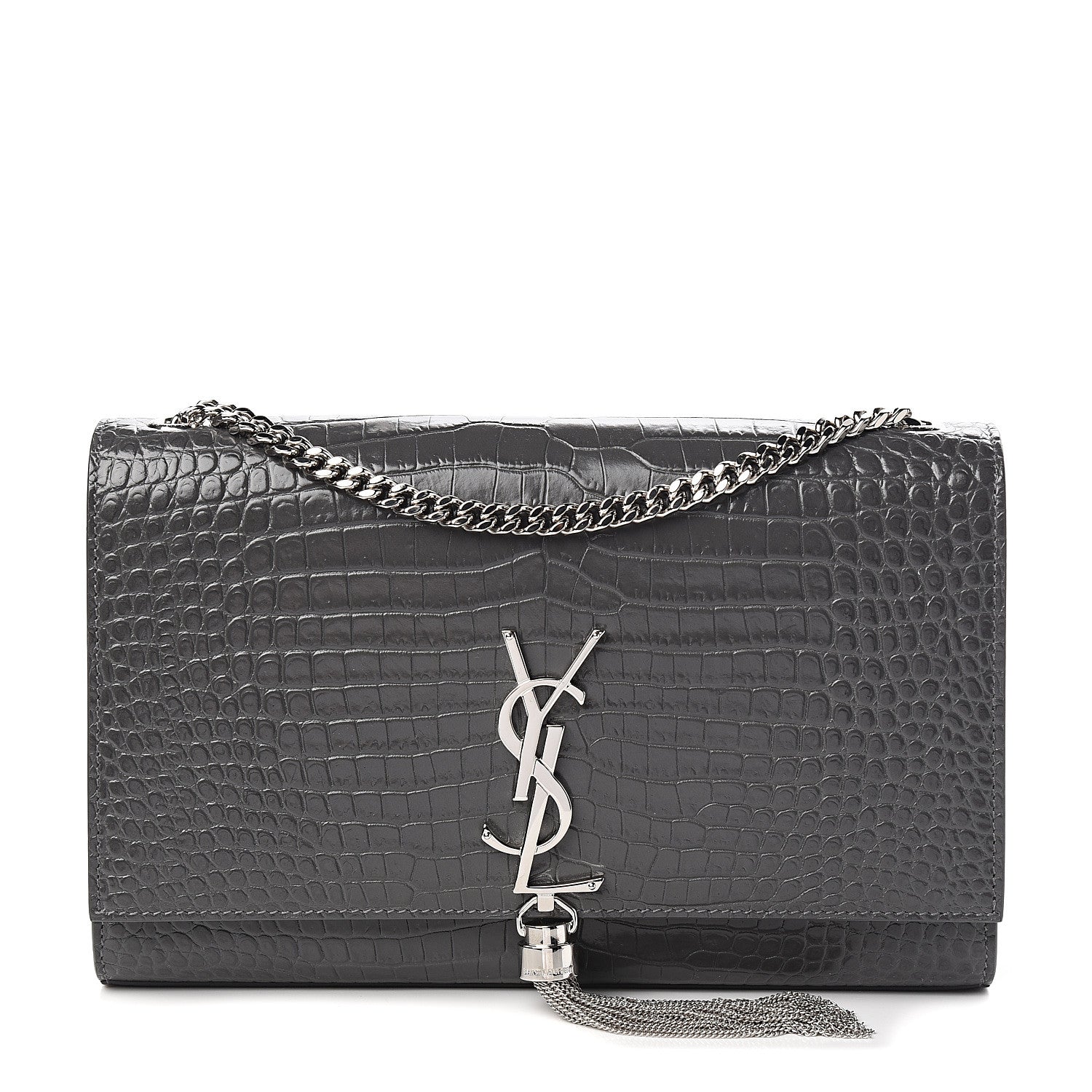 Saint Laurent Calfskin Crocodile Embossed Medium Classic Monogram Kate Tassel Satchel Fog 1 of 8
