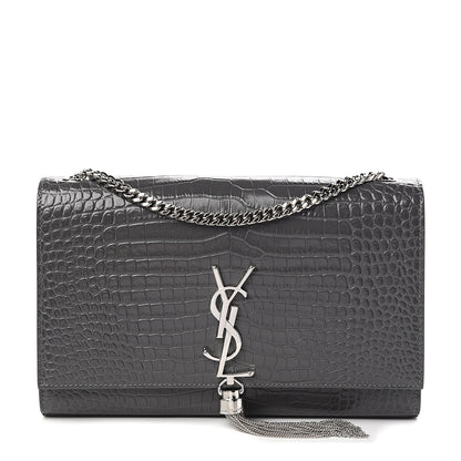 Saint Laurent Calfskin Crocodile Embossed Medium Classic Monogram Kate Tassel Satchel Fog 1 of 8