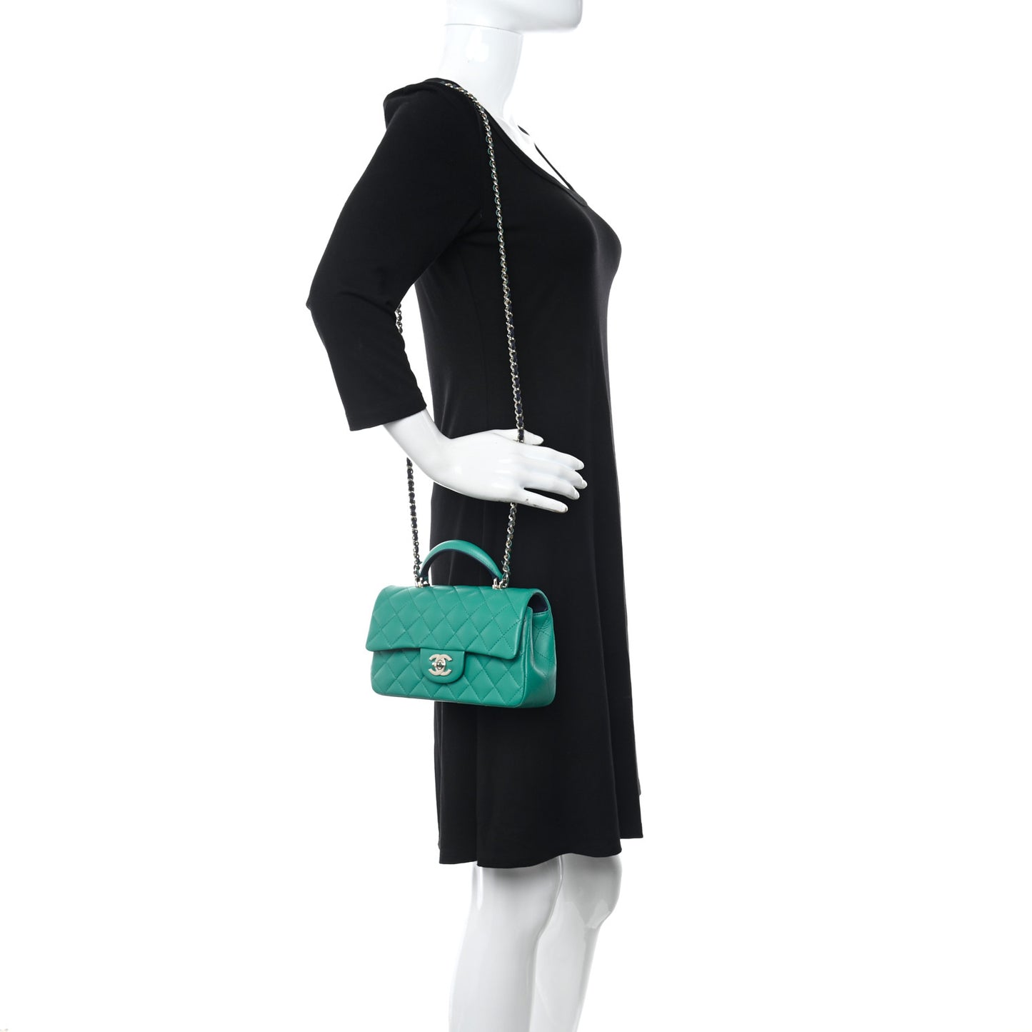 Lambskin Quilted Bi-Color Mini Top Handle Rectangular Flap Green Dark Blue