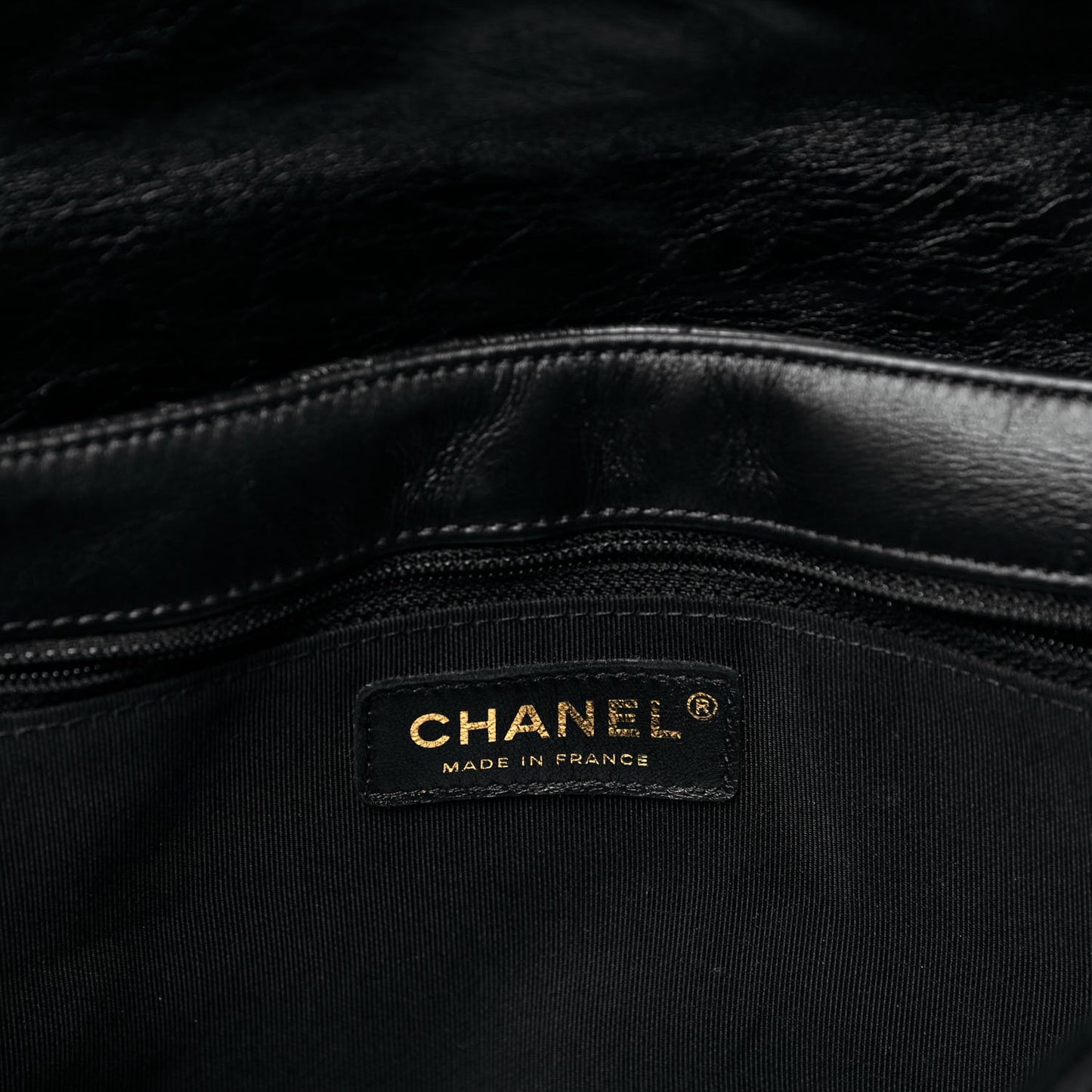 Glazed Calfskin Chevron Quilted Large Hampton Flap Black
