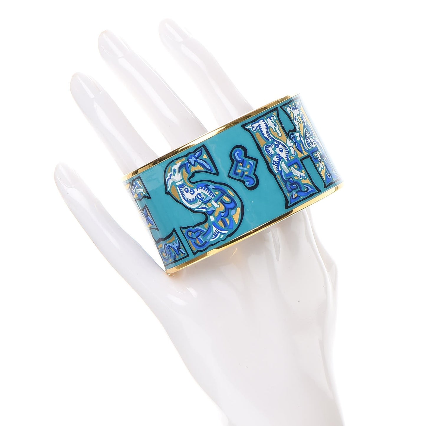 Enamel Printed Alphabet Russe Extra Wide Bracelet 70 Turquoise Bleu Kaki Jaune