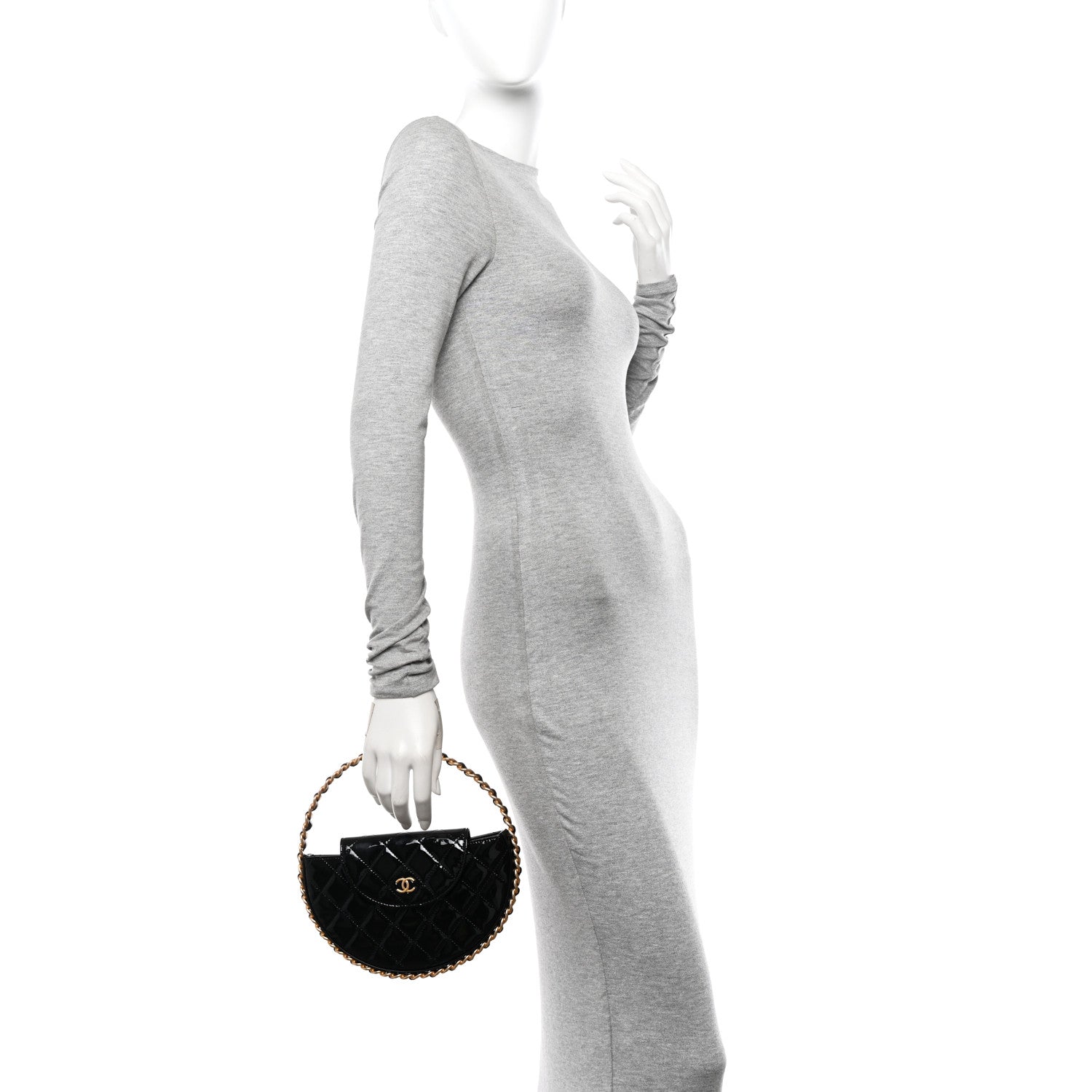 Chanel Patent Calfskin Quilted Chain Hoop Bag Black 2 of 10