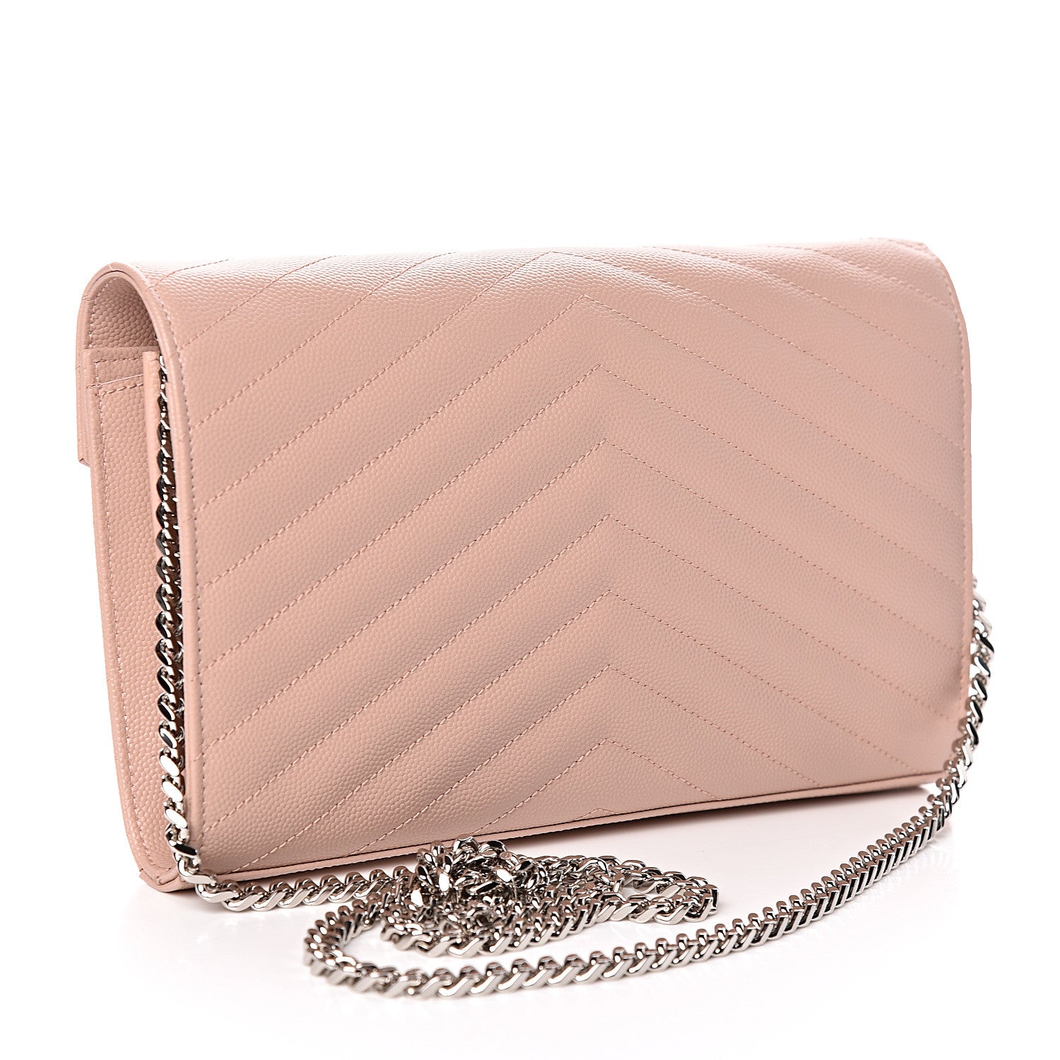 Saint Laurent Grain De Poudre Matelasse Chevron Monogram Chain Wallet Pale Pink 3 of 10