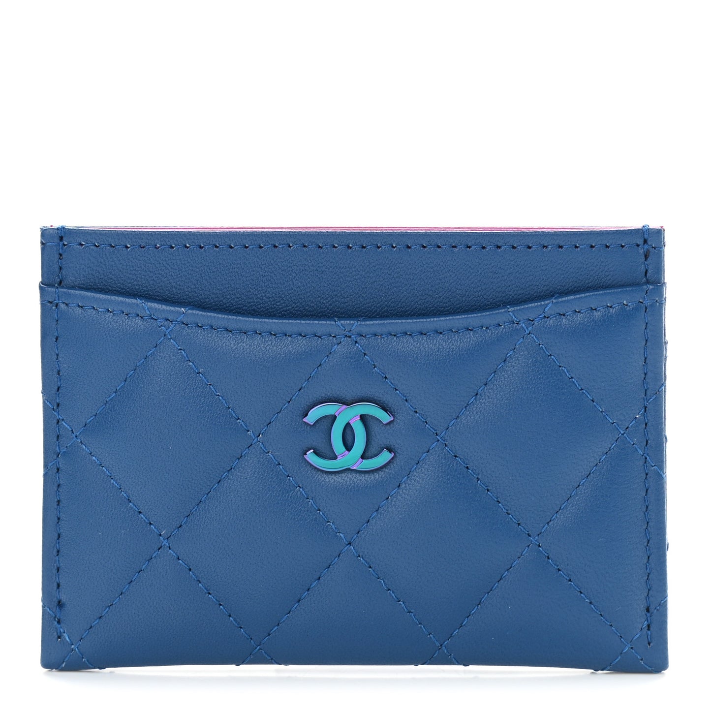 Lambskin Quilted Card Holder Blue Pink
