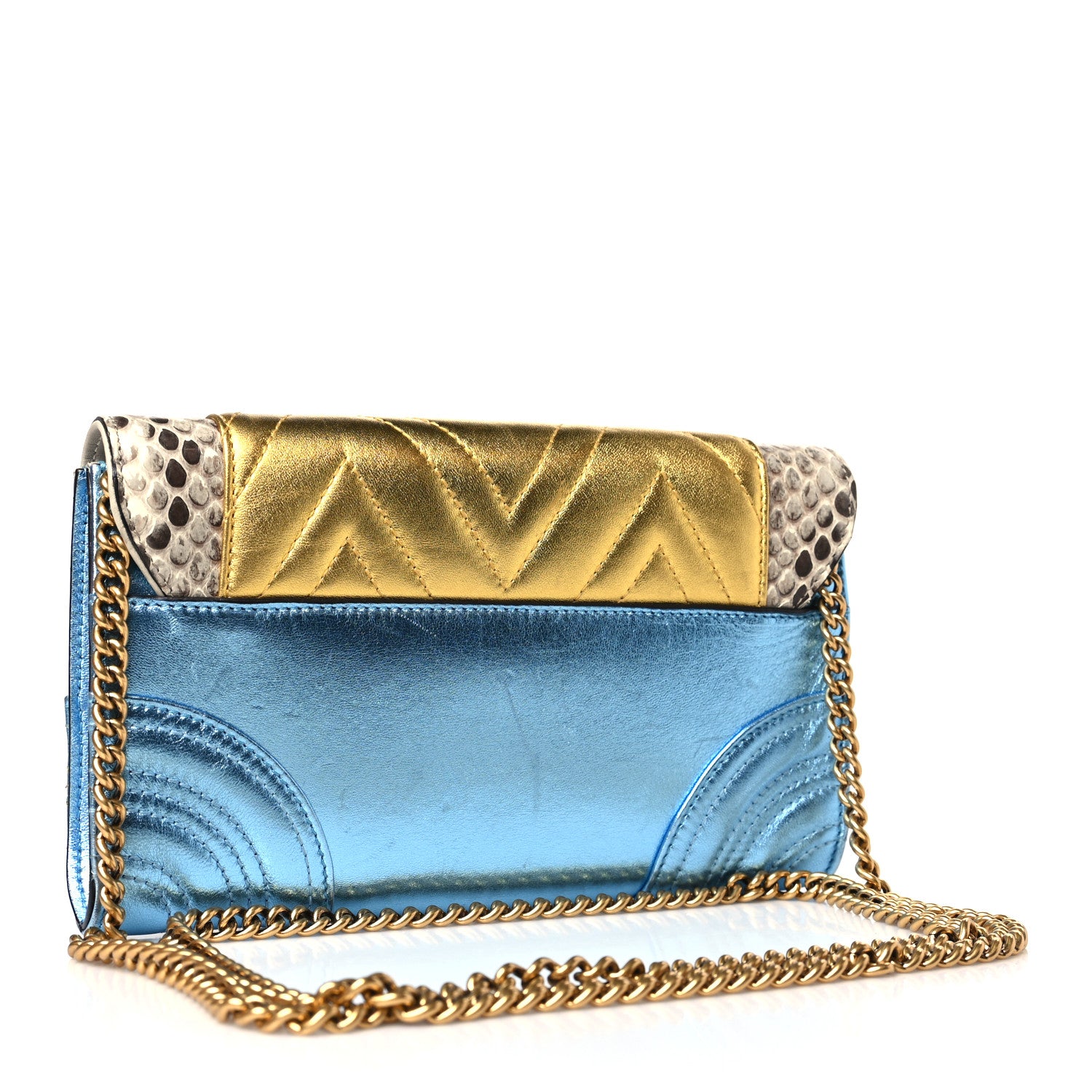 Gucci Snakeskin Metallic Nappa Animalier Broadway Chain Bag Blue Yellow 3 of 11