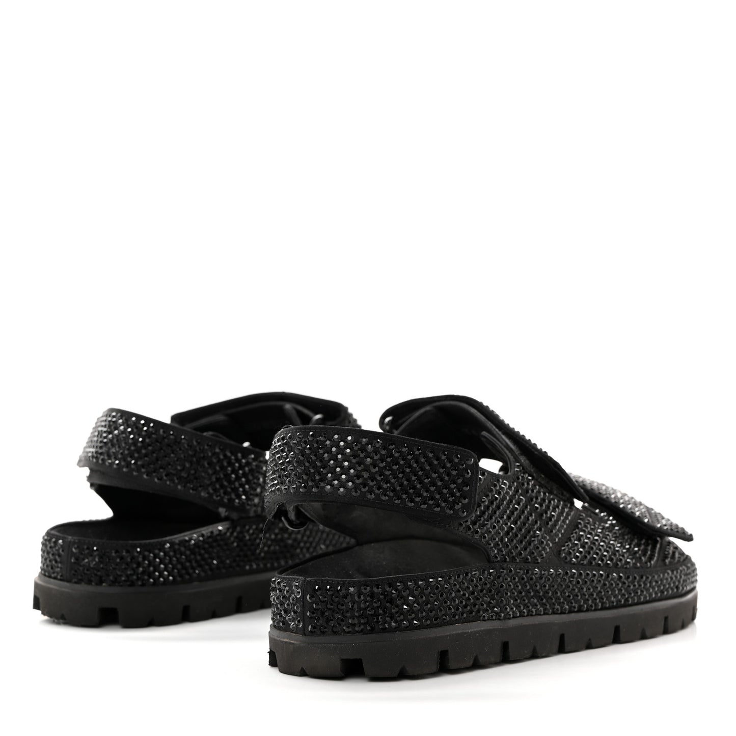Satin Crystal Embellished Metal Logo Velcro Sandals 37.5 Black