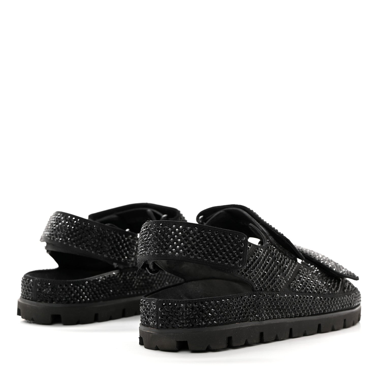 Prada Satin Crystal Embellished Metal Logo Velcro Sandals 37.5 Black 4 of 10