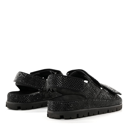 Prada Satin Crystal Embellished Metal Logo Velcro Sandals 37.5 Black 4 of 10