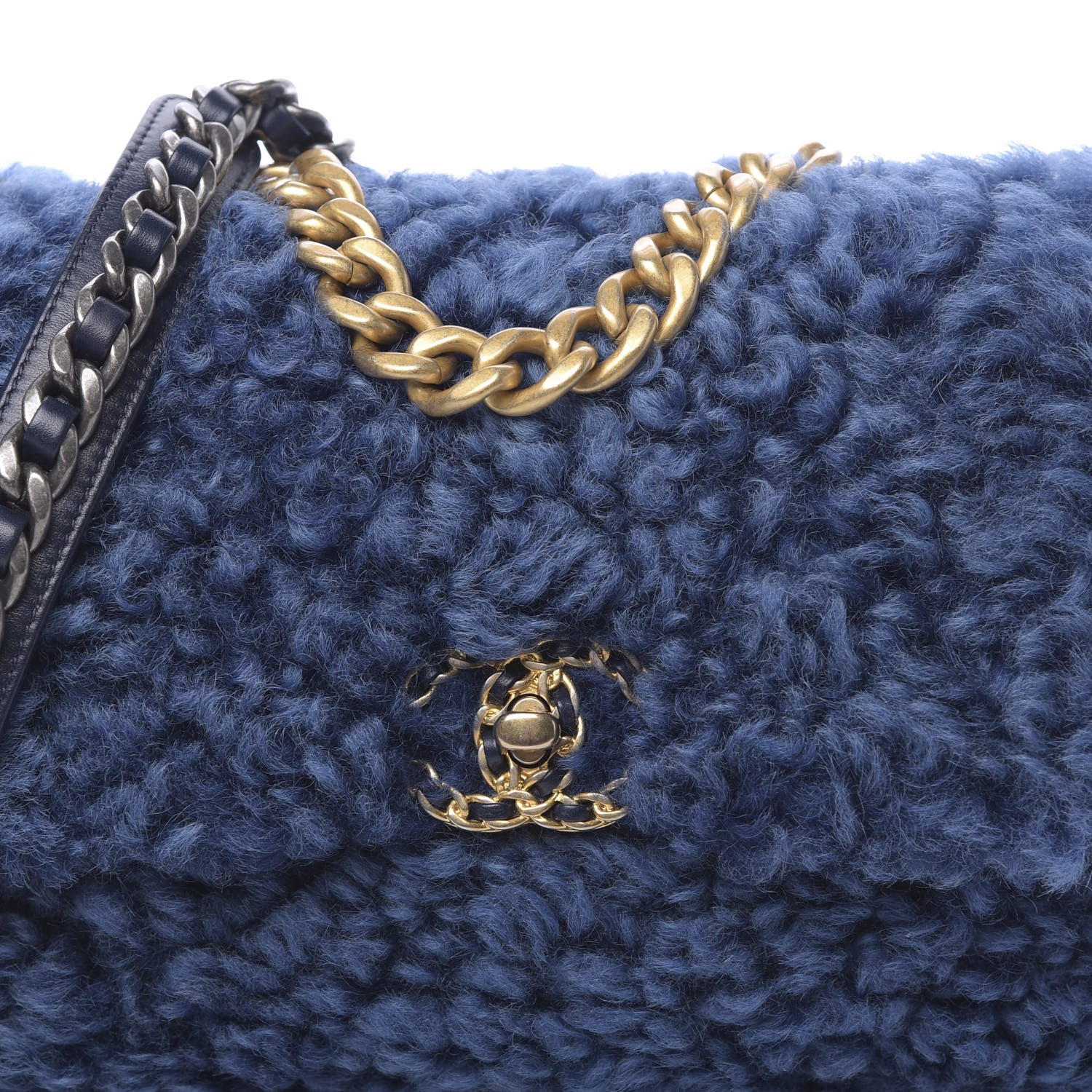 Chanel Shearling Sheepskin Medium 19 Flap Blue 10 of 11