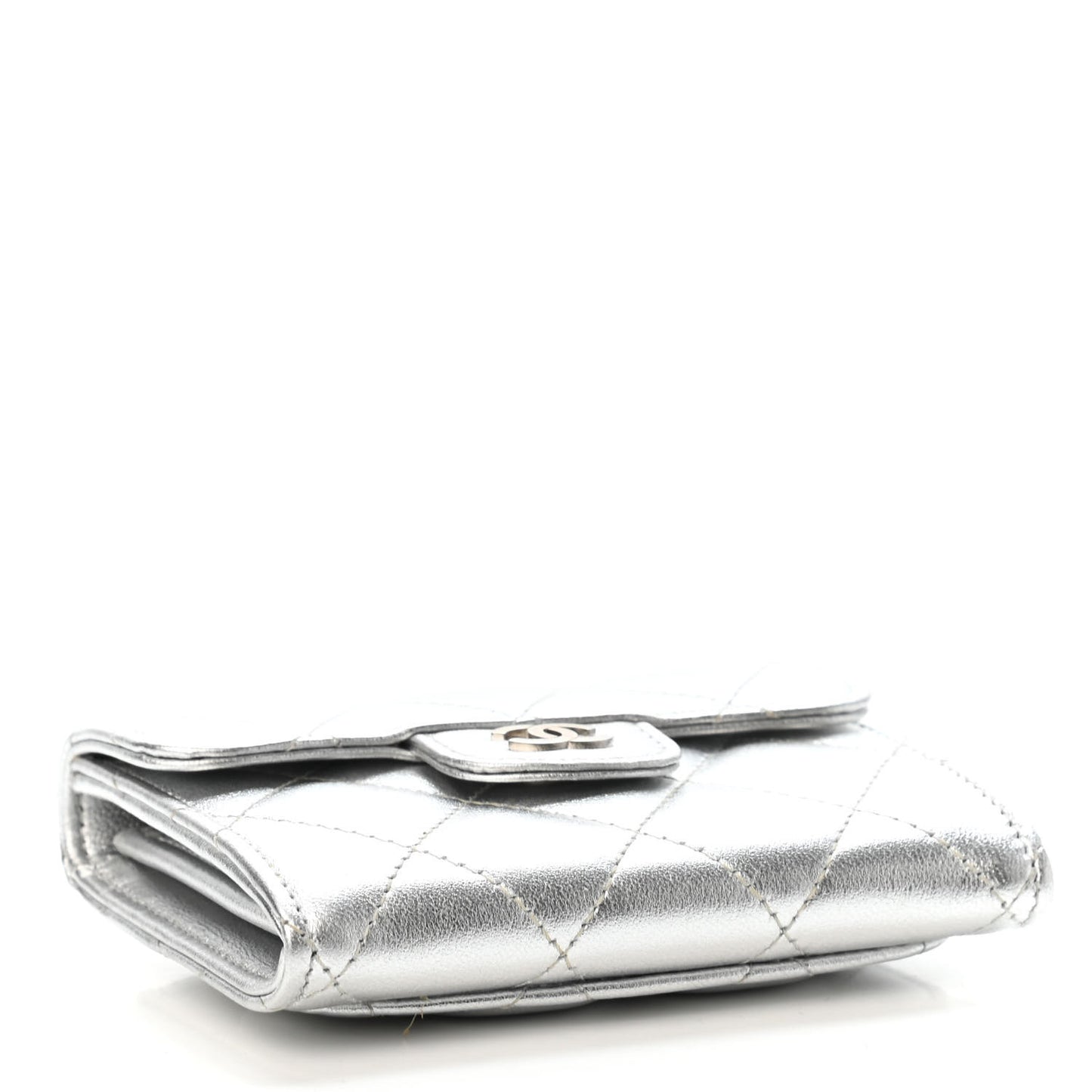 Metallic Lambskin Quilted Flap Card Holder Wallet Silver