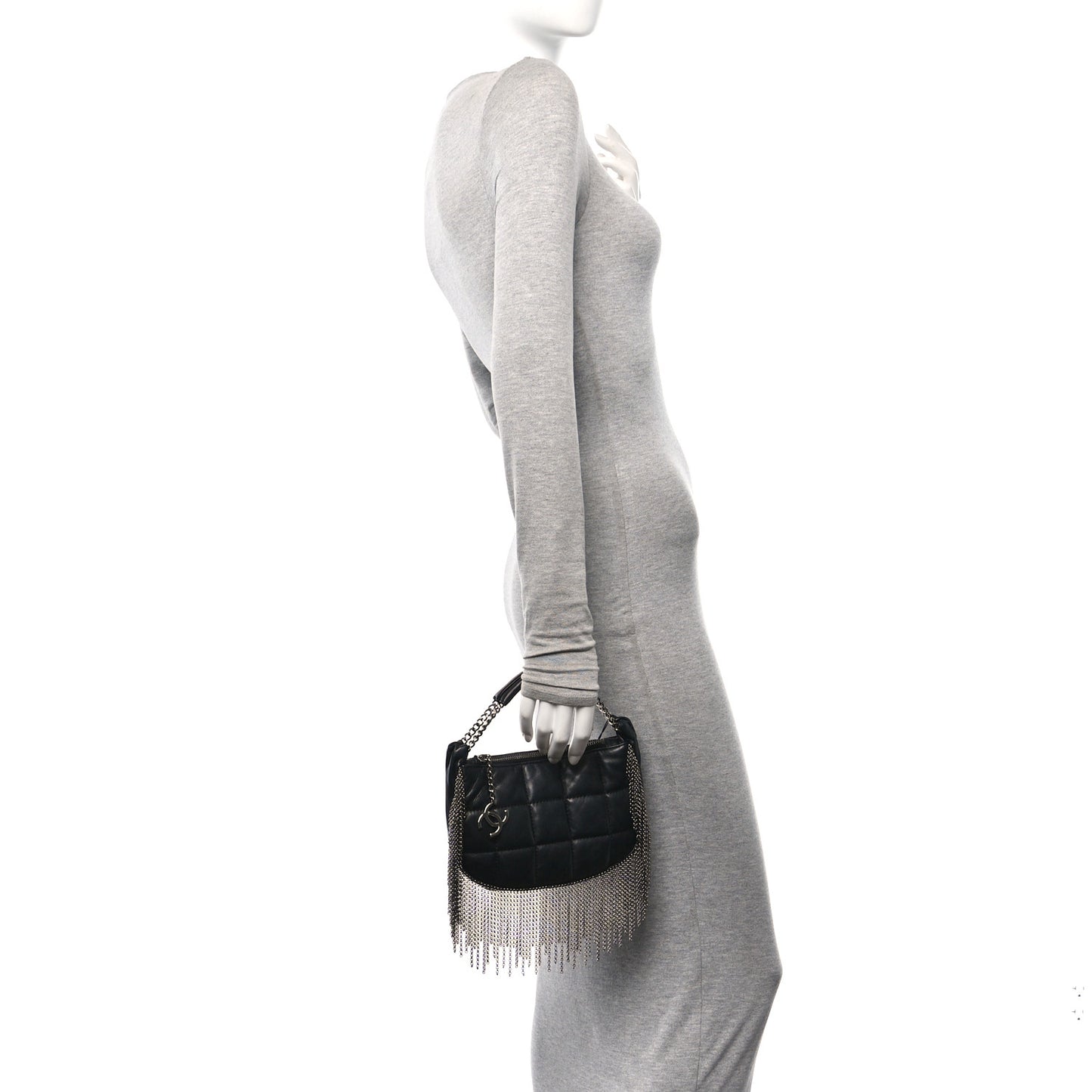 Lambskin Square Quilted Chain Fringe Pochette Black