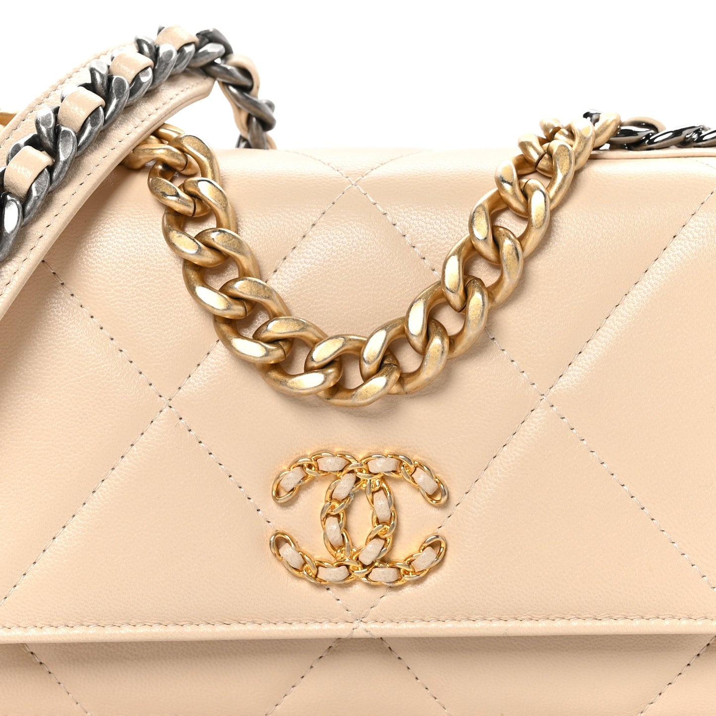 Goatskin Quilted Chanel 19 Wallet On Chain WOC Beige