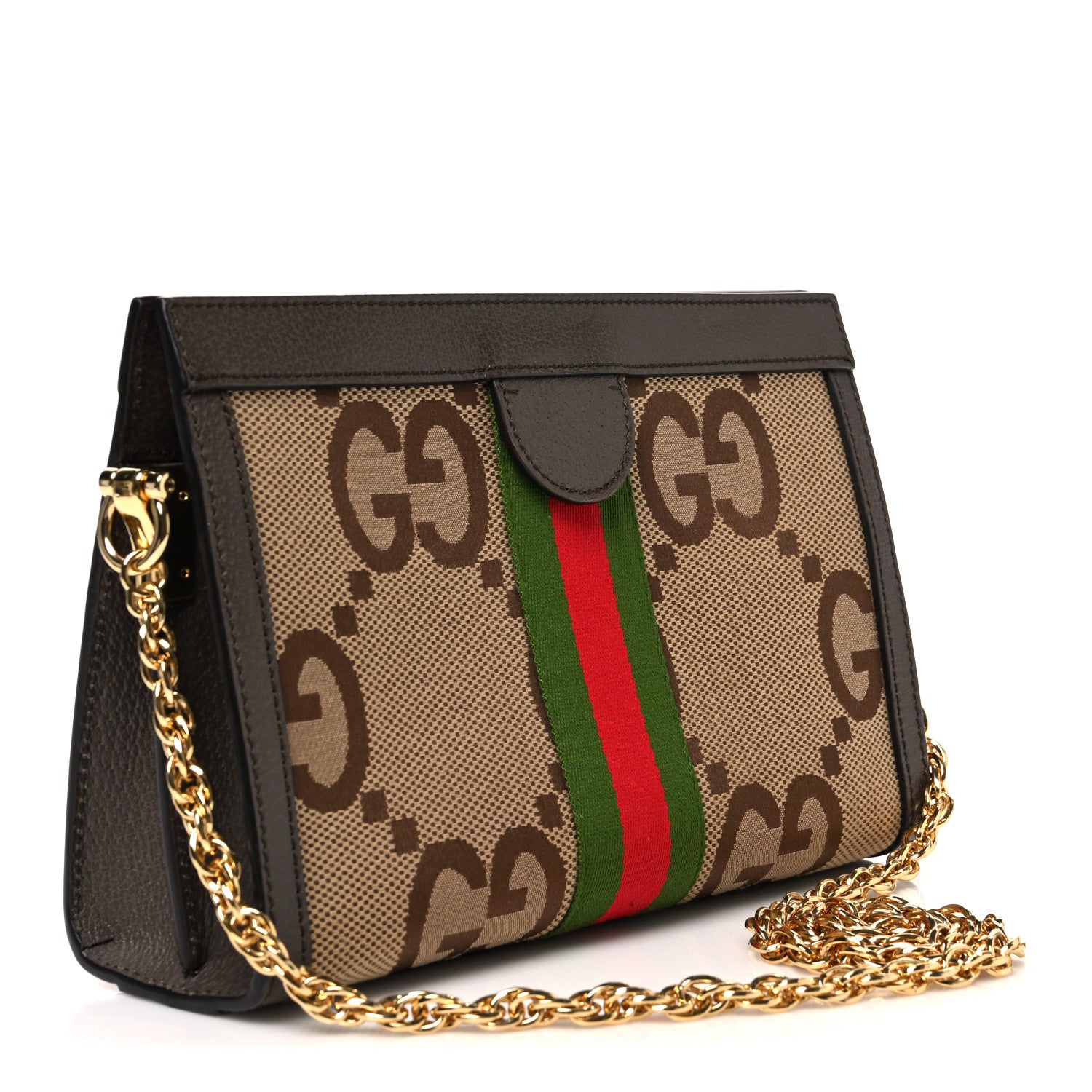 Gucci Monogram Jumbo GG Textured Dollar Calfskin Web Small Ophidia Chain Shoulder Bag Camel Ebony New Acero 3 of 10