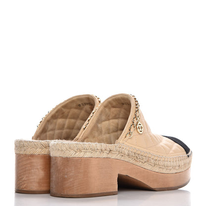 Chanel Lambskin Grosgrain Quilted CC Chain Espadrille Mules 39 Beige Black 4 of 12